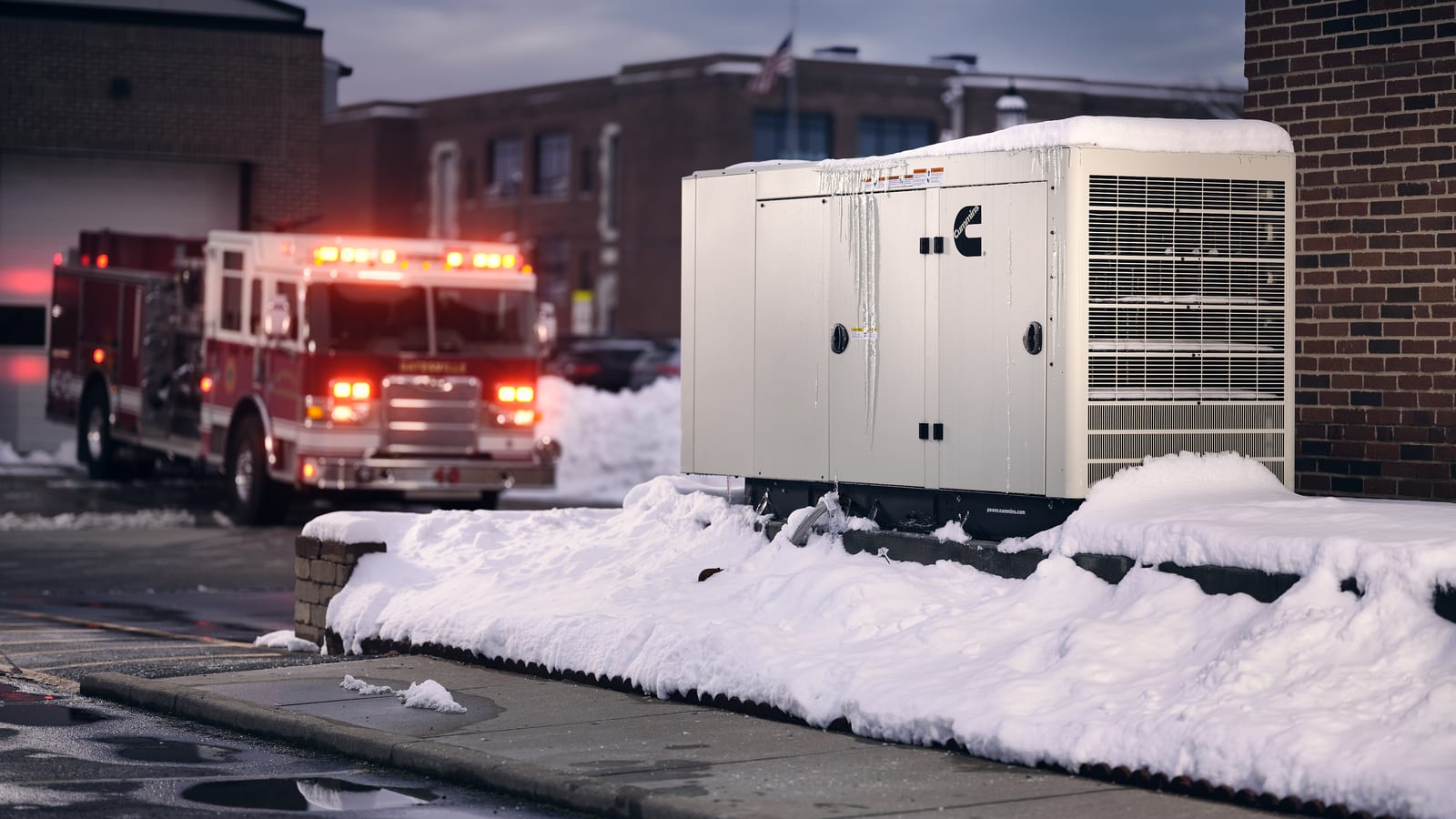 Cummins liquid-cooled standby generator outside a fire station in winter