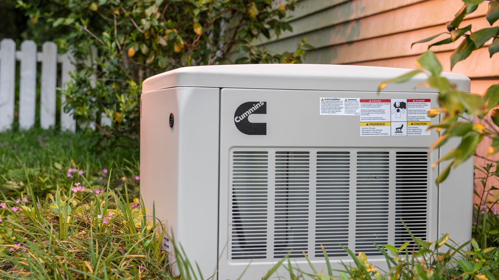 Cummins air-cooled home standby generator installed on a pad beside a house